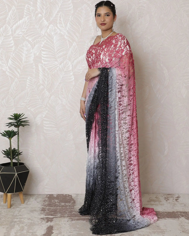 French Chantilly Lace Saree with Gradient Pink to Charcoal Ombre and Stone Work, 110cm x 5.5m - Blouse Not Included-D17943 Regal Fabrics
