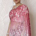 French Chantilly Lace Saree with Gradient Pink to Charcoal Ombre and Stone Work, 110cm x 5.5m - Blouse Not Included-D17943