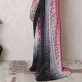 French Chantilly Lace Saree with Gradient Pink to Charcoal Ombre and Stone Work, 110cm x 5.5m - Blouse Not Included-D17943