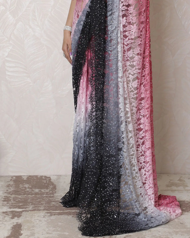 French Chantilly Lace Saree with Gradient Pink to Charcoal Ombre and Stone Work, 110cm x 5.5m - Blouse Not Included-D17943 Regal Fabrics