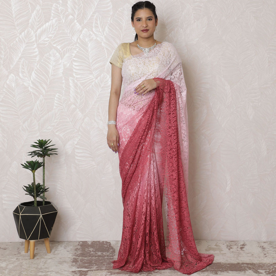Romantic Rose Ombre Chantilly Lace Saree - 110cm Wide, 5.5m Long, French Elegance, Regal Fabrics, No Blouse Piece (Pink to Burgundy)-D17966