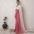 Romantic Rose Ombre Chantilly Lace Saree - 110cm Wide, 5.5m Long, French Elegance, Regal Fabrics, No Blouse Piece (Pink to Burgundy)-D17966
