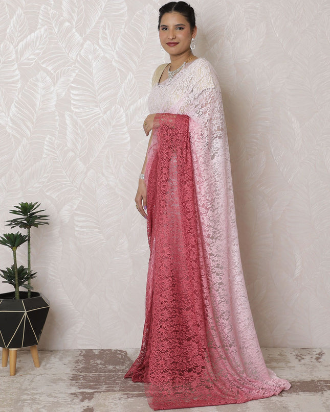 Romantic Rose Ombre Chantilly Lace Saree - 110cm Wide, 5.5m Long, French Elegance, Regal Fabrics, No Blouse Piece (Pink to Burgundy)-D17966