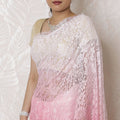 Romantic Rose Ombre Chantilly Lace Saree - 110cm Wide, 5.5m Long, French Elegance, Regal Fabrics, No Blouse Piece (Pink to Burgundy)-D17966