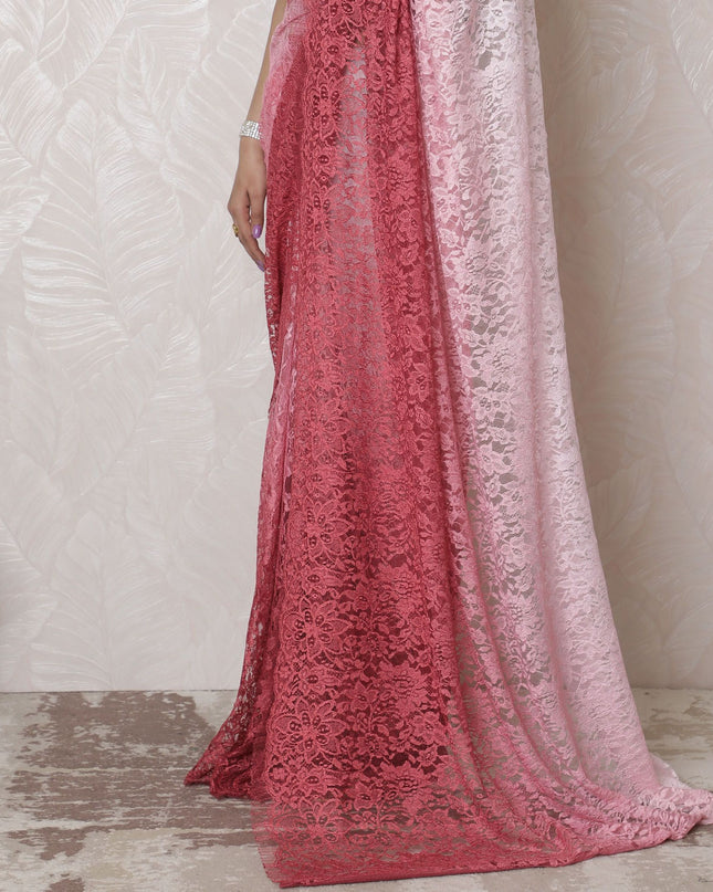 Romantic Rose Ombre Chantilly Lace Saree - 110cm Wide, 5.5m Long, French Elegance, Regal Fabrics, No Blouse Piece (Pink to Burgundy)-D17966