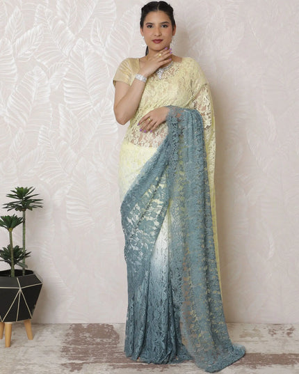 Ethereal Blue to Cream Ombre Chantilly Lace Saree - 110cm Width, 5.5m Length, French Lace, Regal Fabrics, No Blouse Piece-D17969 Regal Fabrics