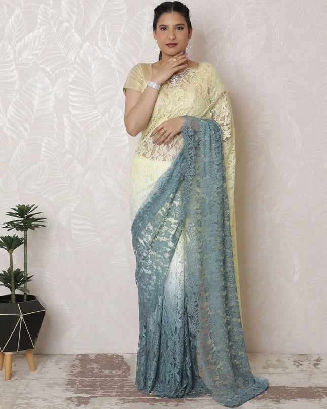 Ethereal Blue to Cream Ombre Chantilly Lace Saree - 110cm Width, 5.5m Length, French Lace, Regal Fabrics, No Blouse Piece-D17969 Regal Fabrics