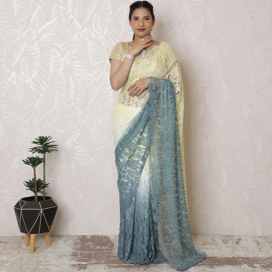 Ethereal Blue to Cream Ombre Chantilly Lace Saree - 110cm Width, 5.5m Length, French Lace, Regal Fabrics, No Blouse Piece-D17969 Regal Fabrics
