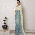 Ethereal Blue to Cream Ombre Chantilly Lace Saree - 110cm Width, 5.5m Length, French Lace, Regal Fabrics, No Blouse Piece-D17969 Regal Fabrics