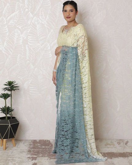 Ethereal Blue to Cream Ombre Chantilly Lace Saree - 110cm Width, 5.5m Length, French Lace, Regal Fabrics, No Blouse Piece-D17969 Regal Fabrics
