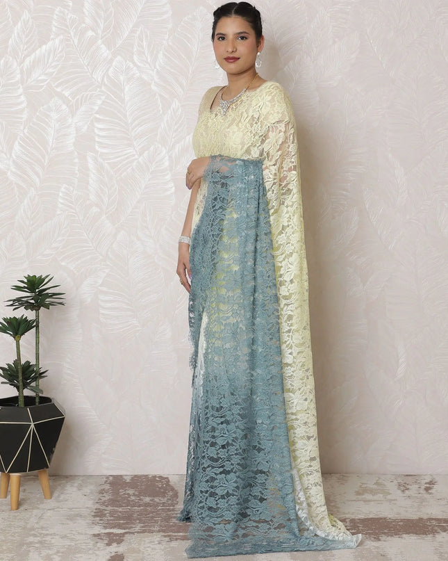 Ethereal Blue to Cream Ombre Chantilly Lace Saree - 110cm Width, 5.5m Length, French Lace, Regal Fabrics, No Blouse Piece-D17969 Regal Fabrics