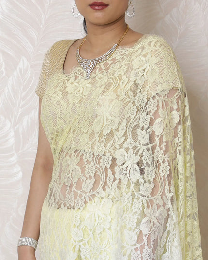 Ethereal Blue to Cream Ombre Chantilly Lace Saree - 110cm Width, 5.5m Length, French Lace, Regal Fabrics, No Blouse Piece-D17969 Regal Fabrics