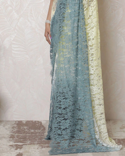 Ethereal Blue to Cream Ombre Chantilly Lace Saree - 110cm Width, 5.5m Length, French Lace, Regal Fabrics, No Blouse Piece-D17969 Regal Fabrics