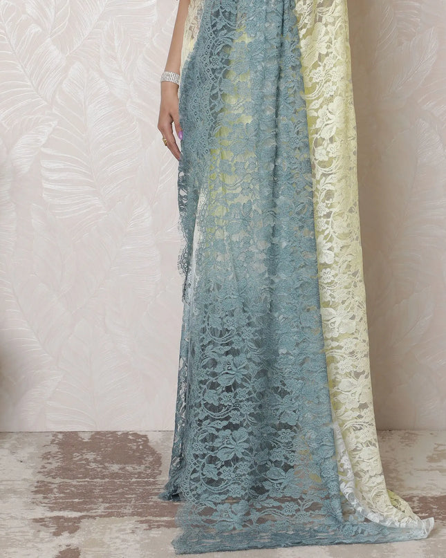 Ethereal Blue to Cream Ombre Chantilly Lace Saree - 110cm Width, 5.5m Length, French Lace, Regal Fabrics, No Blouse Piece-D17969 Regal Fabrics