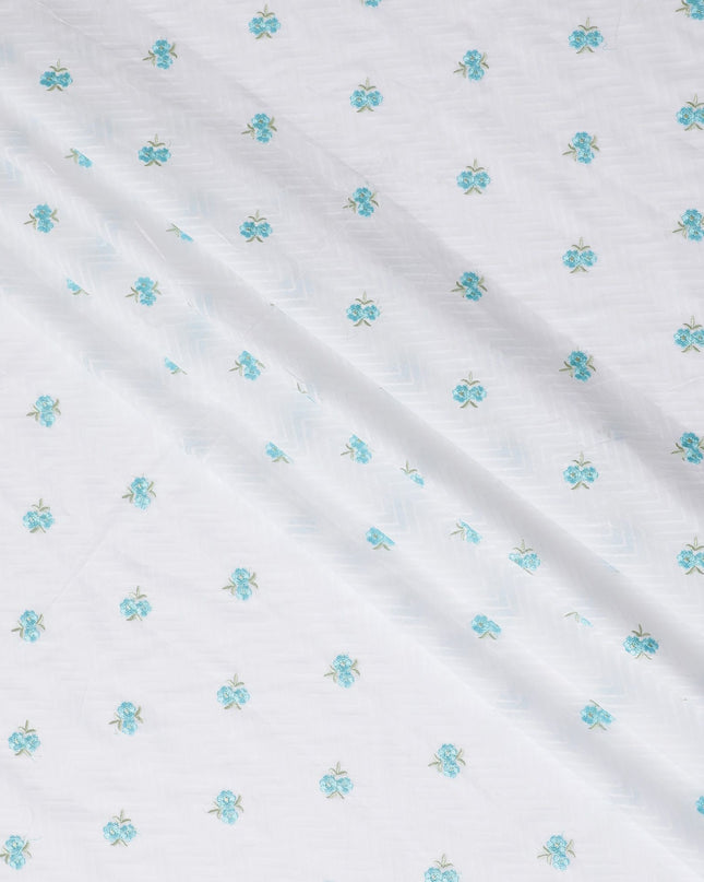 Delicate Blue Floral Embroidered Cotton Lawn Fabric - Buy Online, 110cm Width-D17999