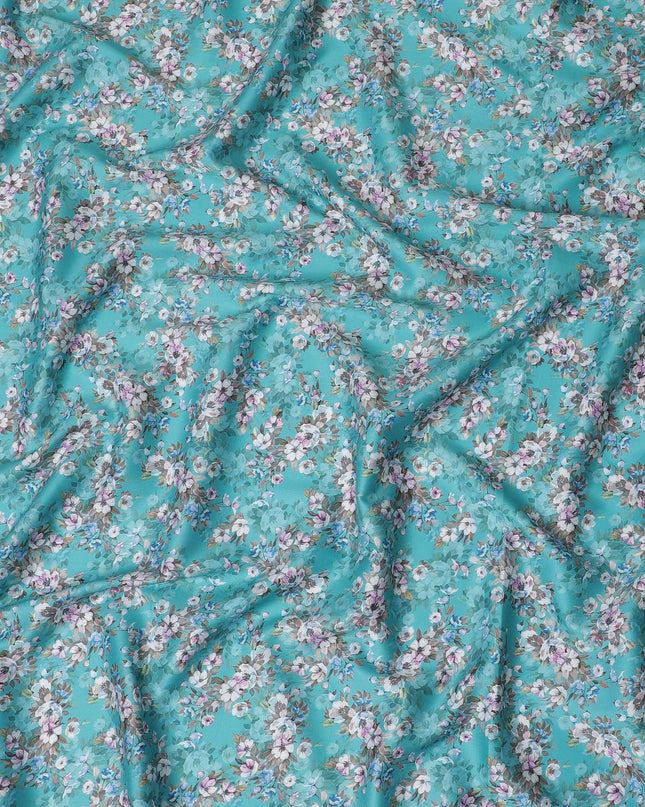 Aqua Blossom Cotton Lawn Fabric - Vibrant Floral Print, 110cm Wide, Buy Online-D18002