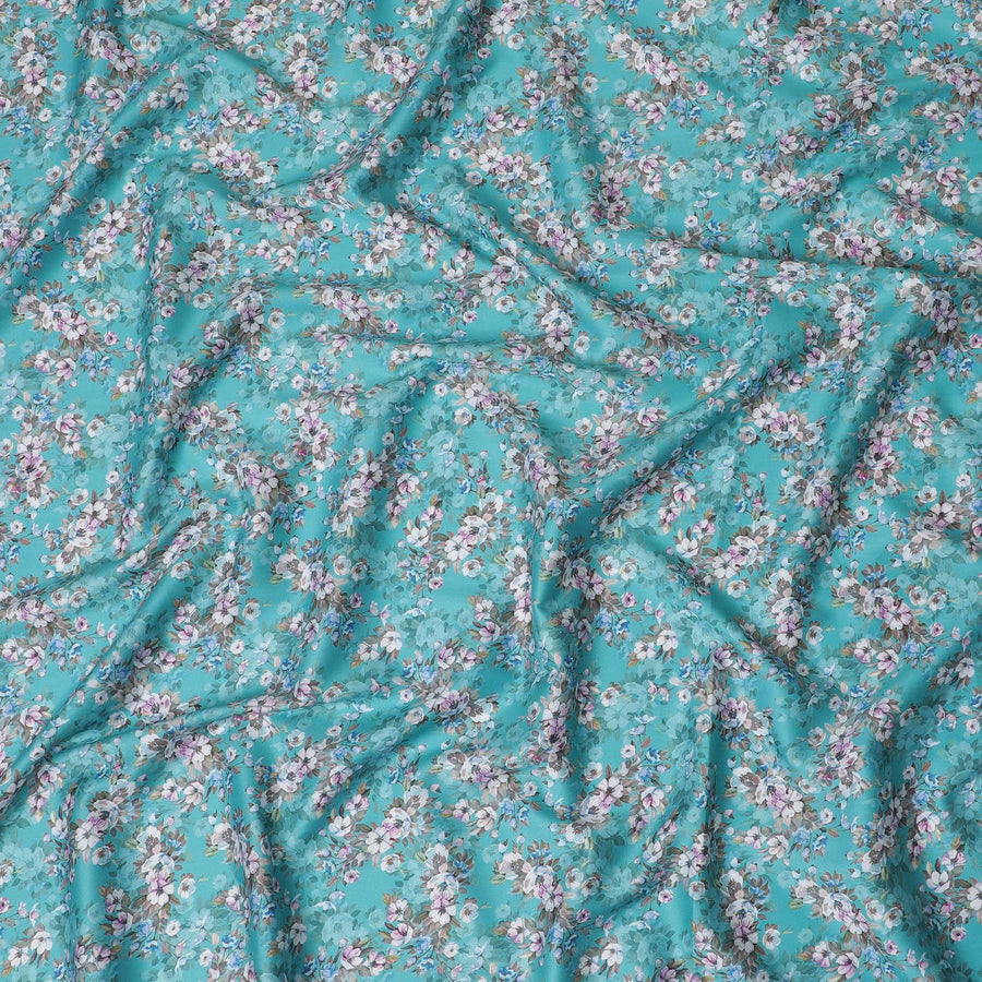 Aqua Blossom Cotton Lawn Fabric - Vibrant Floral Print, 110cm Wide, Buy Online-D18002