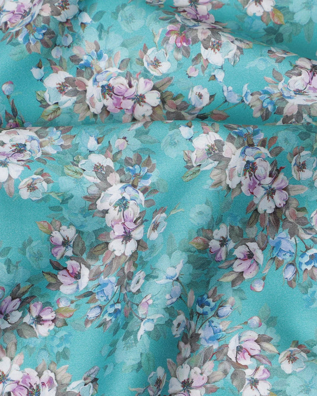 Aqua Blossom Cotton Lawn Fabric - Vibrant Floral Print, 110cm Wide, Buy Online-D18002