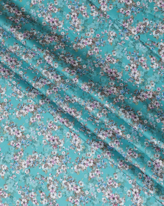 Aqua Blossom Cotton Lawn Fabric - Vibrant Floral Print, 110cm Wide, Buy Online-D18002