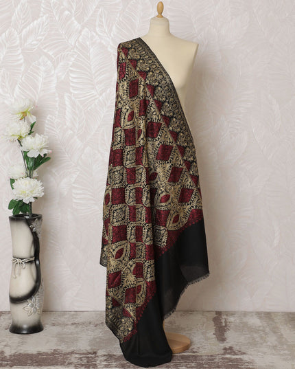 Regal Burgundy & Black Pashmina Shawl: Traditional Indian Dupatta, 215x115cm - Purchase Online-D18075