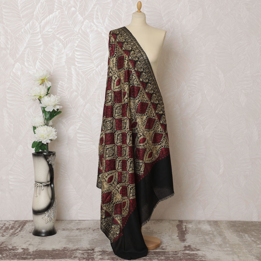 Regal Burgundy & Black Pashmina Shawl: Traditional Indian Dupatta, 215x115cm - Purchase Online-D18075