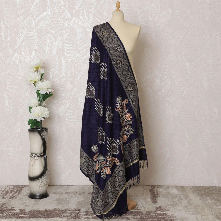 Midnight Majesty Pashmina Shawl: Exquisite Navy & Silver Dupatta, 200X100cm - Buy Online-D18077
