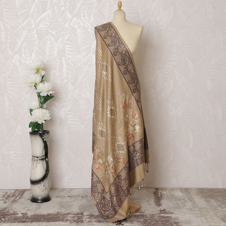 Classic Taupe Pashmina Shawl: Elegant Brown Paisley Dupatta, 200X100cm - Purchase Online-D18078