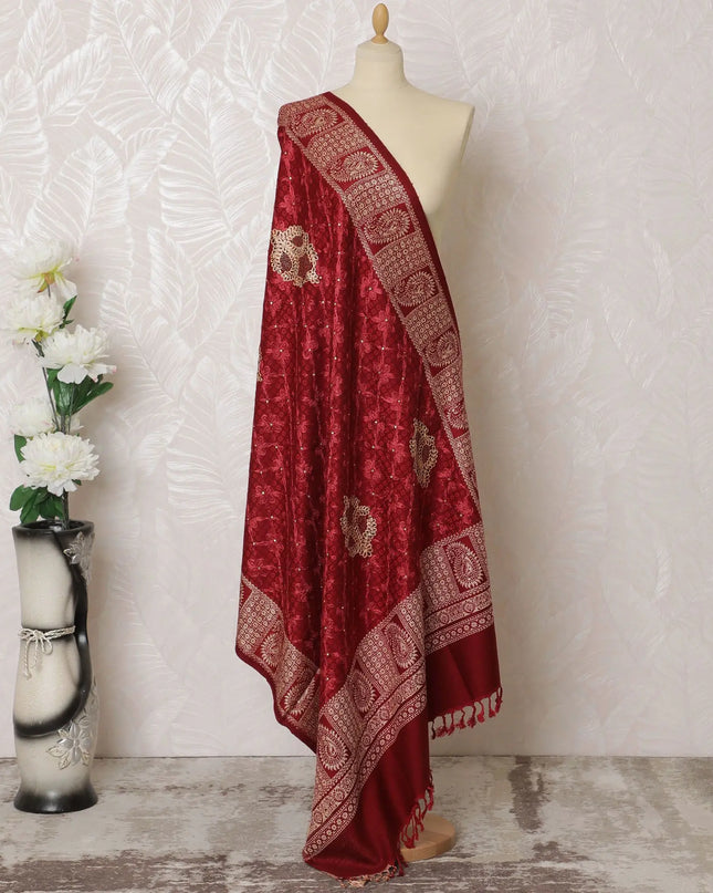 Crimson Charm Pashmina Shawl: Traditional Indian Dupatta, 200X100cm - Shop Online-D18080 Regal Fabrics