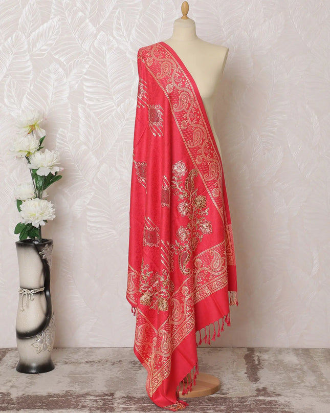 Vibrant Ruby Pashmina Shawl: Classic Indian Dupatta with White Embroidery, 200x100cm - Shop Online-D18083 Regal Fabrics