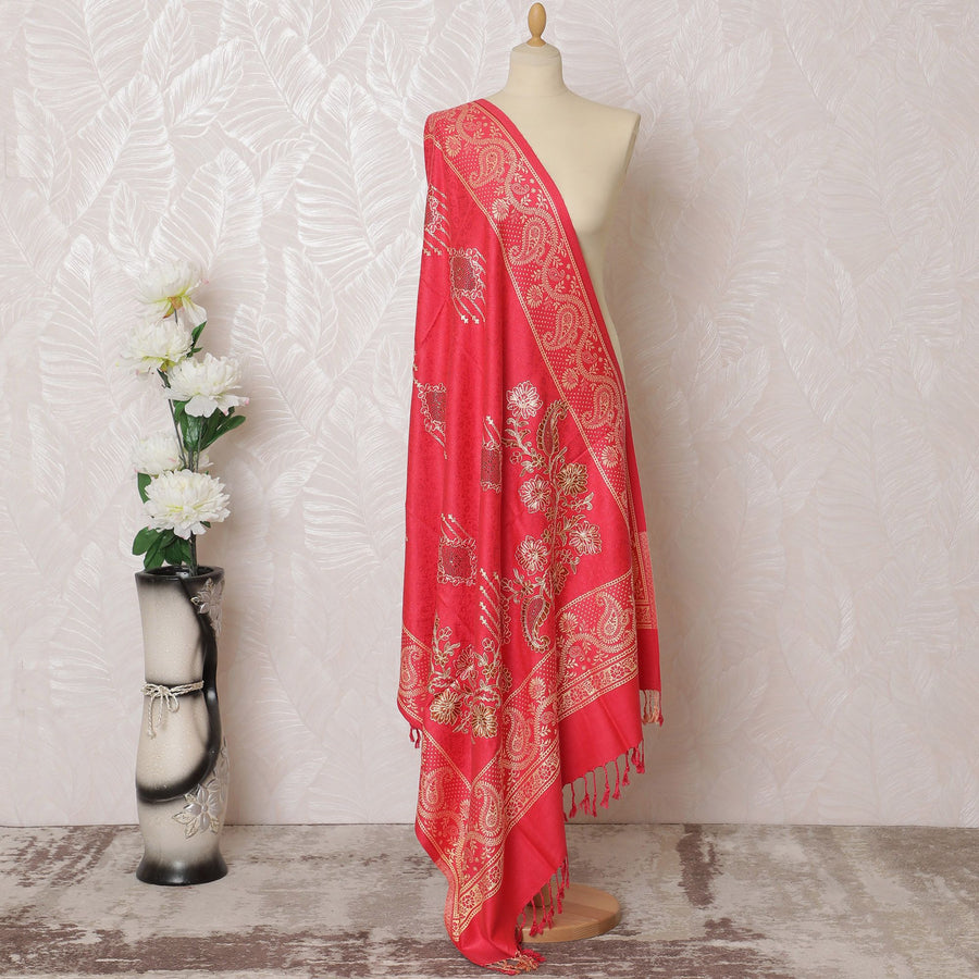 Vibrant Ruby Pashmina Shawl: Classic Indian Dupatta with White Embroidery, 200x100cm - Shop Online-D18083