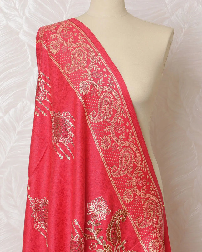 Vibrant Ruby Pashmina Shawl: Classic Indian Dupatta with White Embroidery, 200x100cm - Shop Online-D18083 Regal Fabrics