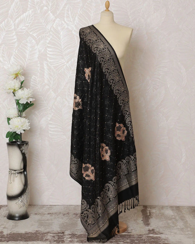 Midnight Elegance Pashmina Shawl: Black Dupatta with Gold Detailing, 200x100cm - Buy Online-D18085 Regal Fabrics