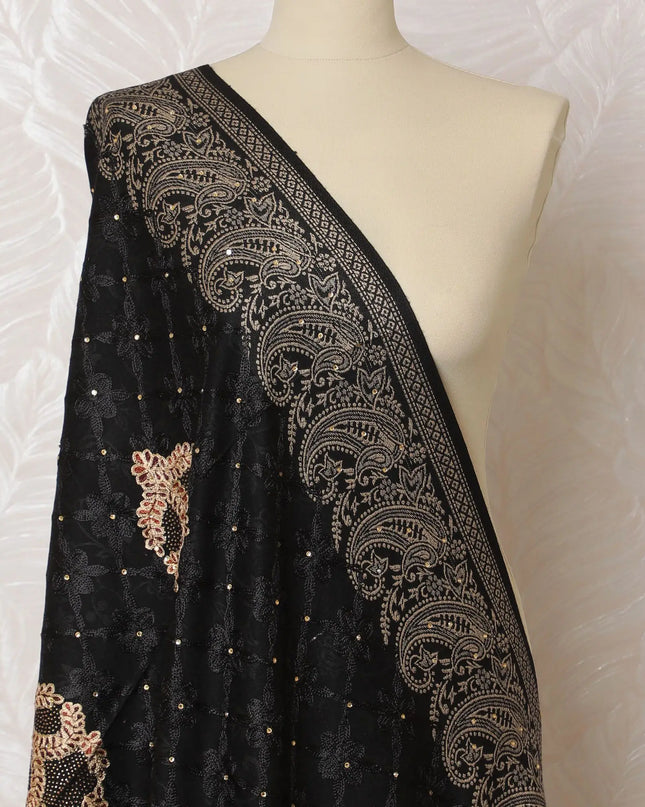 Midnight Elegance Pashmina Shawl: Black Dupatta with Gold Detailing, 200x100cm - Buy Online-D18085 Regal Fabrics