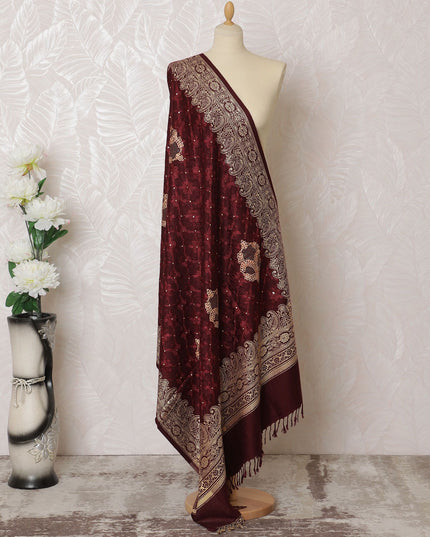 Merlot Majesty Pashmina Shawl: Luxurious Indian Dupatta with Gold Embroidery, 200x100cm - Shop Online-D18087