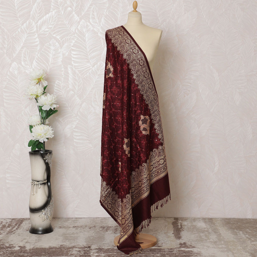Merlot Majesty Pashmina Shawl: Luxurious Indian Dupatta with Gold Embroidery, 200x100cm - Shop Online-D18087