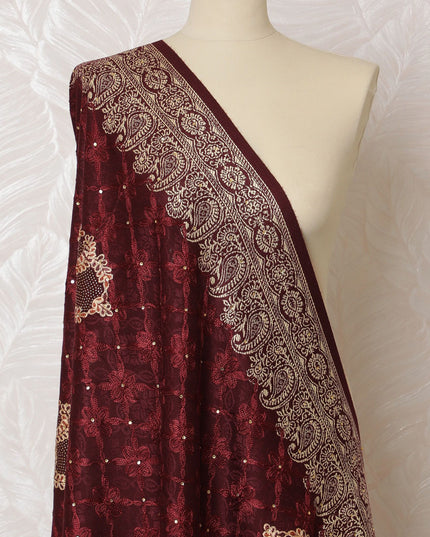 Merlot Majesty Pashmina Shawl: Luxurious Indian Dupatta with Gold Embroidery, 200x100cm - Shop Online-D18087