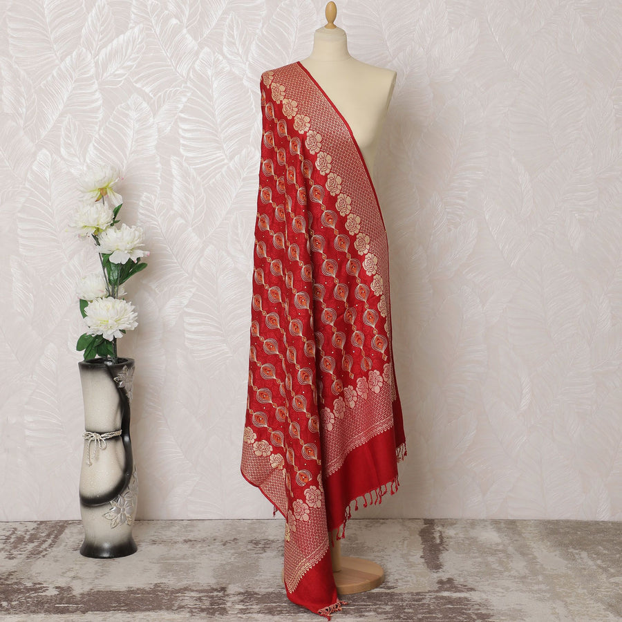 Ruby Blossom Pashmina Shawl: Vibrant Indian Dupatta with Floral Patterns, 200x100cm - Shop Online-D18090