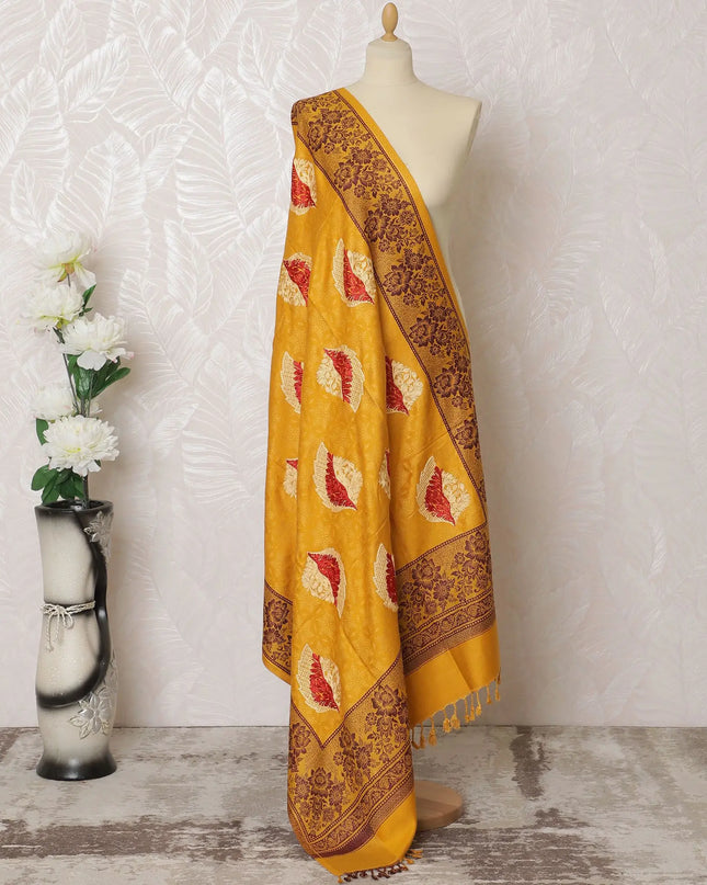 Saffron Splendor Pashmina Shawl: Opulent Indian Dupatta with Maroon Patterns, 200x100cm - Shop Online-D18095 Regal Fabrics