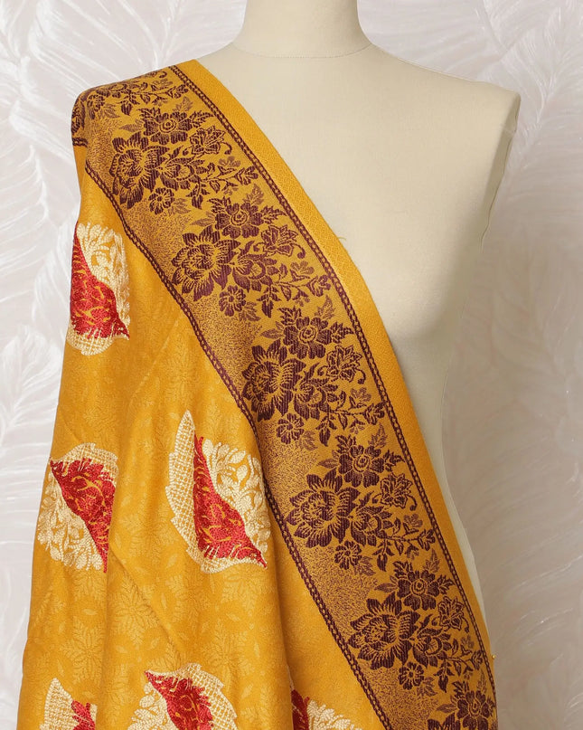 Saffron Splendor Pashmina Shawl: Opulent Indian Dupatta with Maroon Patterns, 200x100cm - Shop Online-D18095 Regal Fabrics