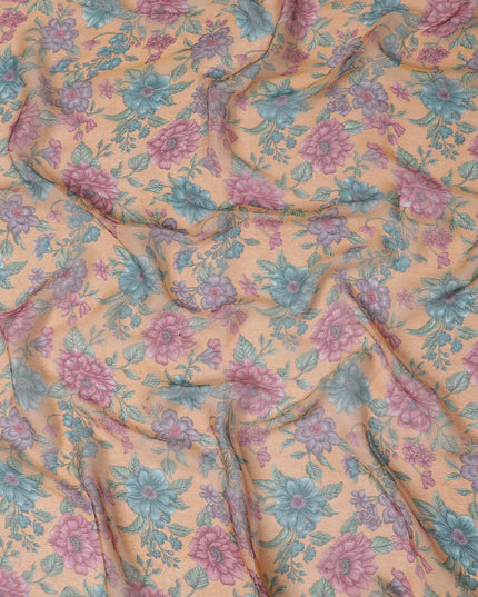قماش شيفون حريري Peach Blossom - طباعة زهور نابضة بالحياة، بعرض 110 سم - اشترِ بالأمتار للملابس الأنيقة والديكور-D18168