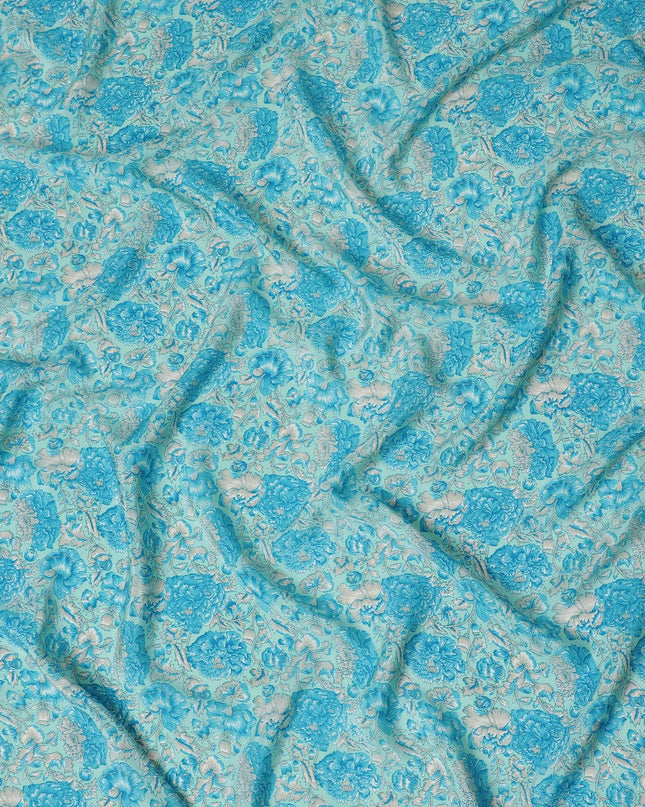 Luxurious Aqua Blue Floral Pure Silk Crepe Fabric - Buy in Meters for Elegant Drapery Online-D18183
