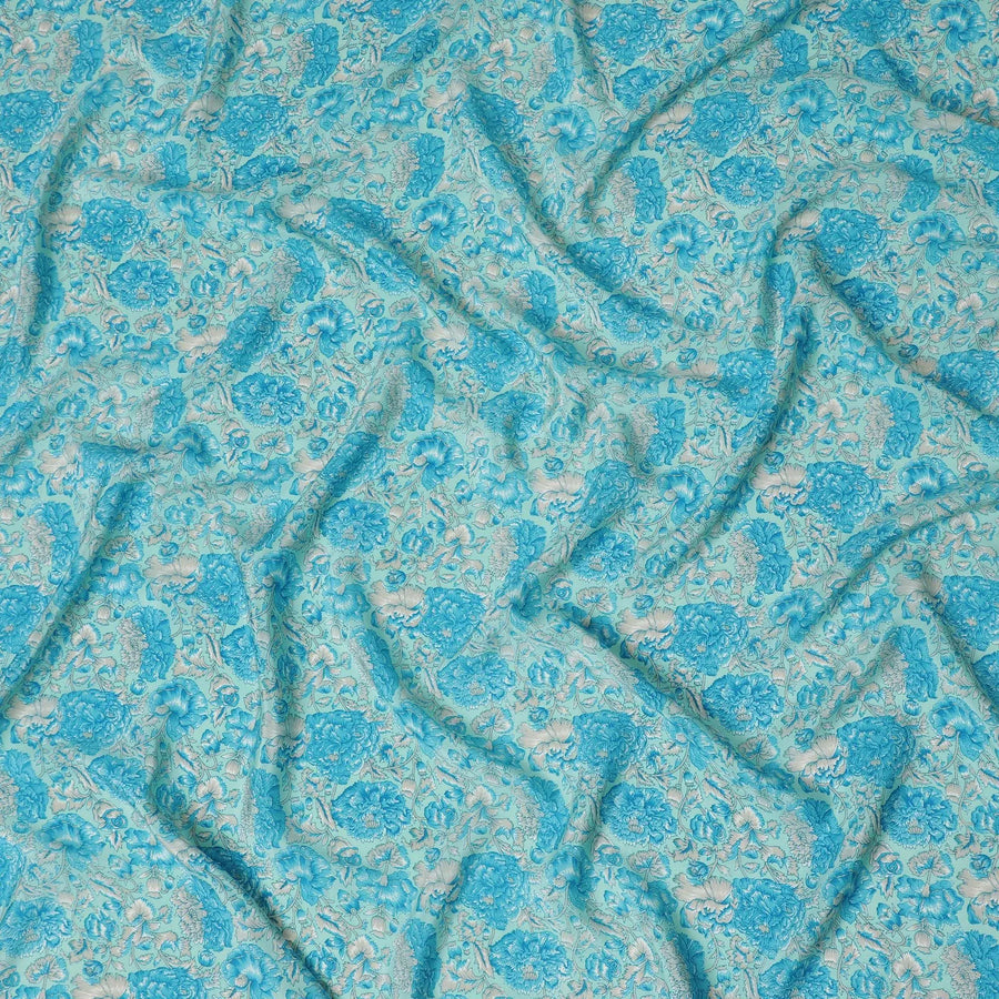 Luxurious Aqua Blue Floral Pure Silk Crepe Fabric - Buy in Meters for Elegant Drapery Online-D18183 Regal Fabrics