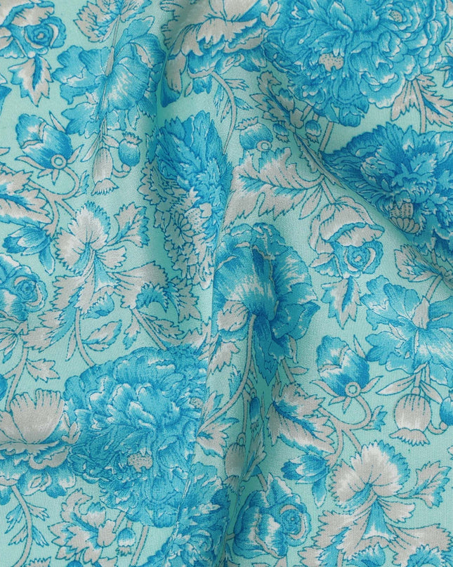 Luxurious Aqua Blue Floral Pure Silk Crepe Fabric - Buy in Meters for Elegant Drapery Online-D18183