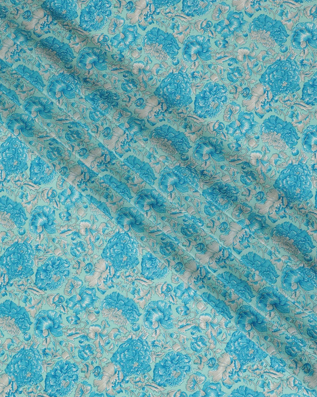 Luxurious Aqua Blue Floral Pure Silk Crepe Fabric - Buy in Meters for Elegant Drapery Online-D18183