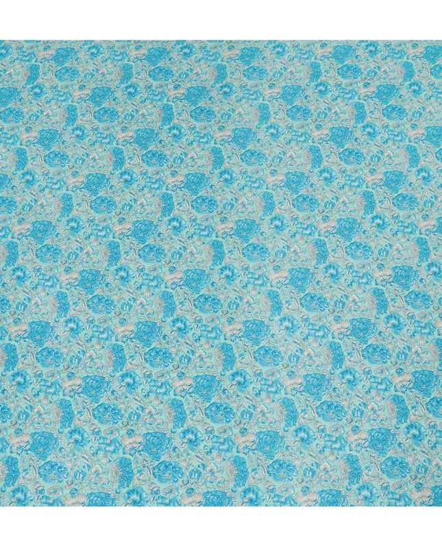 Luxurious Aqua Blue Floral Pure Silk Crepe Fabric - Buy in Meters for Elegant Drapery Online-D18183