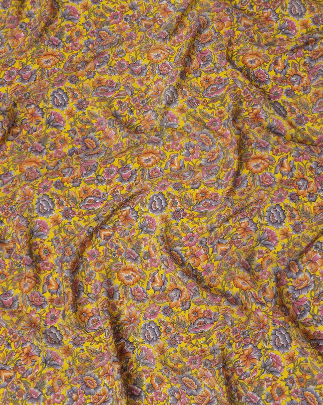 Autumnal Amber Floral Pure Silk Crepe Fabric - Exclusive Design, Buy Online by the Meter-D18185