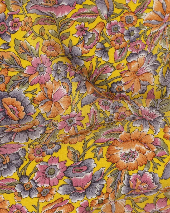 Autumnal Amber Floral Pure Silk Crepe Fabric - Exclusive Design, Buy Online by the Meter-D18185