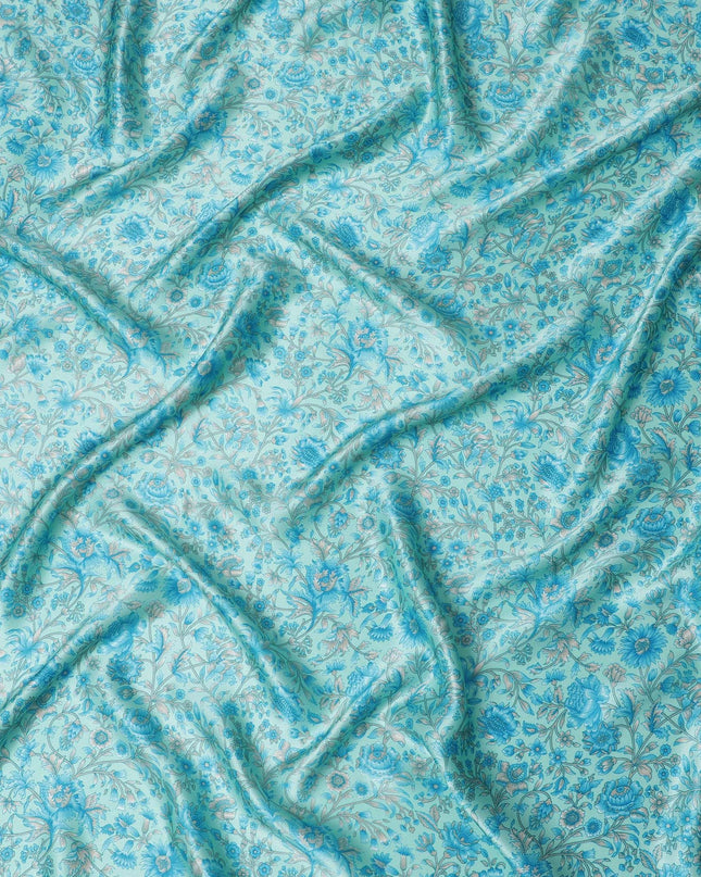 Aquamarine Floral Silk Satin Fabric - 110cm Wide - D18285
