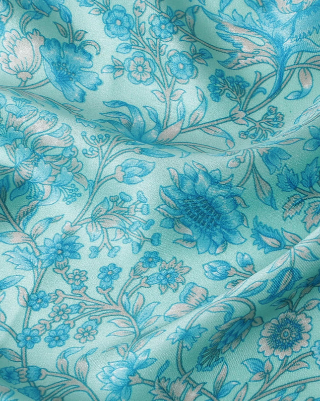 Aquamarine Floral Silk Satin Fabric - 110cm Wide - D18285
