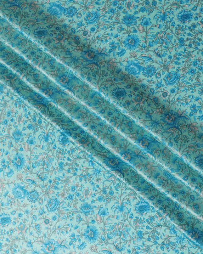 Aquamarine Floral Silk Satin Fabric - 110cm Wide - D18285